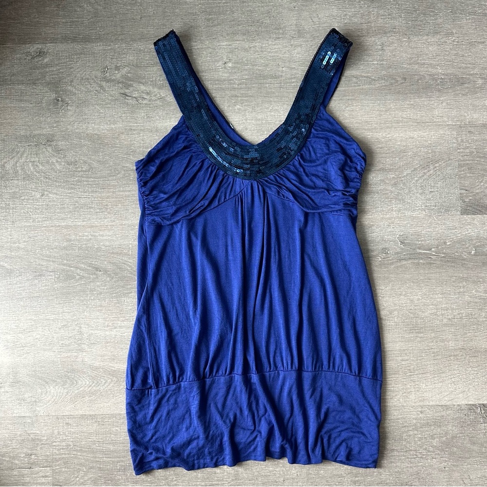 2000s Y2K Ripe blue sequin big V long tank top size L